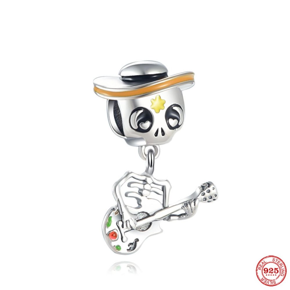 925 Sterling Silver Guitar Skeleton Charms Beads Halloween Gift for Pandora.